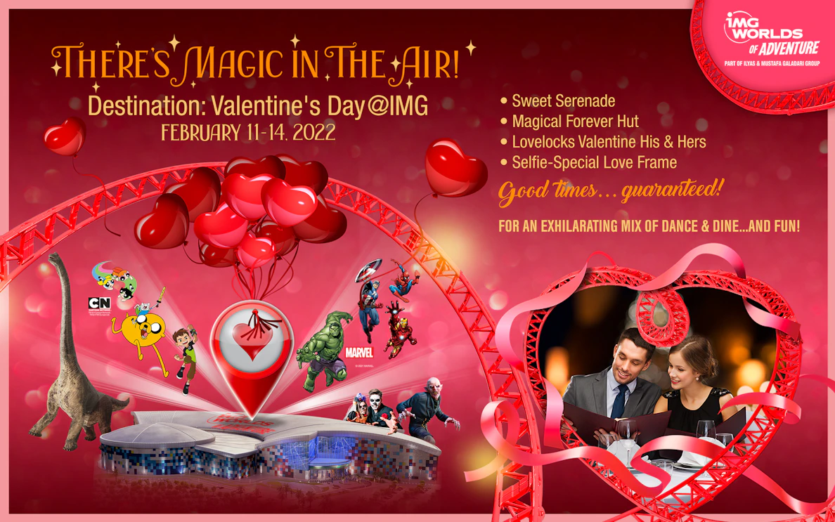 Valentine's Day event at IMG Worlds of Adventure with superheroes and cartoon characters.