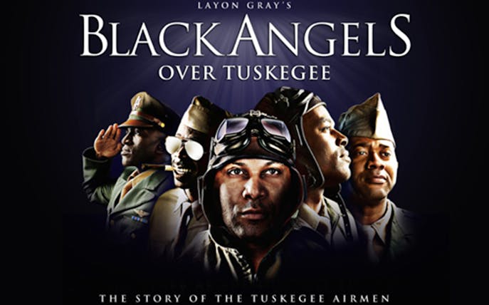 Black Angels Over Tuskegee poster featuring Tuskegee Airmen in uniform