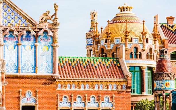 Sant Pau Art Nouveau architecture with colorful tiles and ornate details in Barcelona.