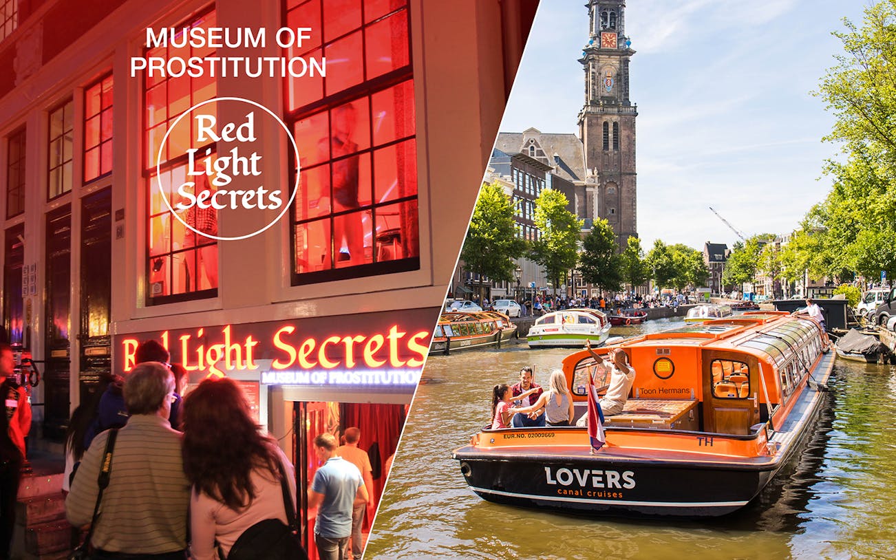 Red Light Secrets Museum entrance and canal cruise boat in Amsterdam.