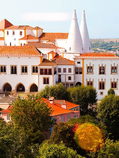 National Palace of Sintra with iconic chimneys and surrounding landscape.
