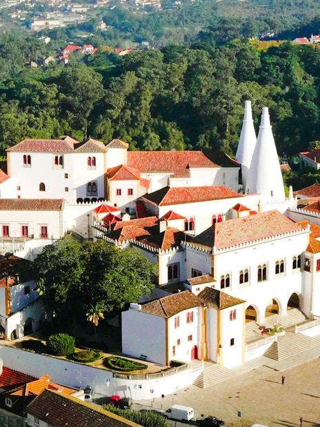 National Palace of Sintra with iconic chimneys and surrounding gardens.