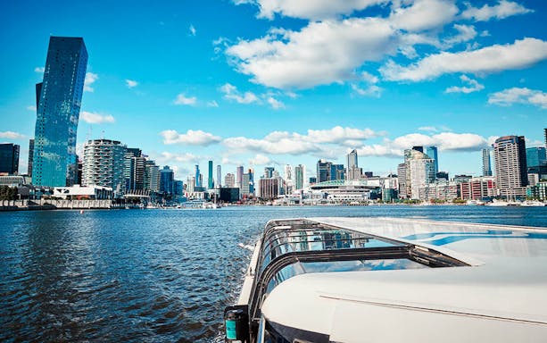Cruise boat on river with city skyline in the background, River Gardens tour.