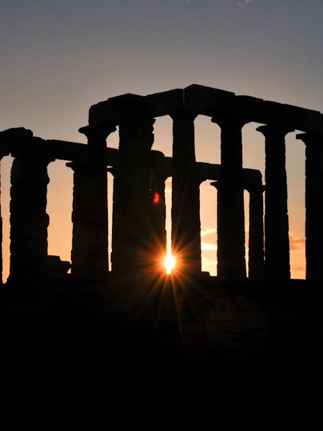Temple of Poseidon at sunset, Cape Sounion, viewed from Athens tour.