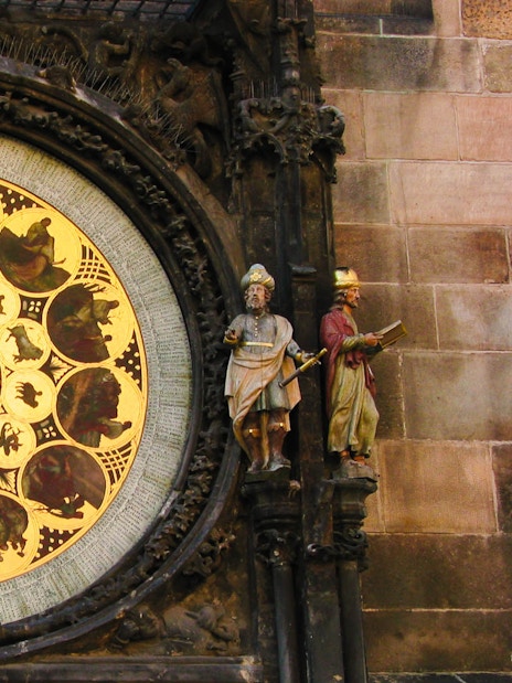 Prague Astronomical Clock detail with zodiac signs and statues.