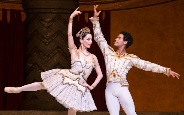 Ballet dancers performing Raymonda in ornate costumes on stage.