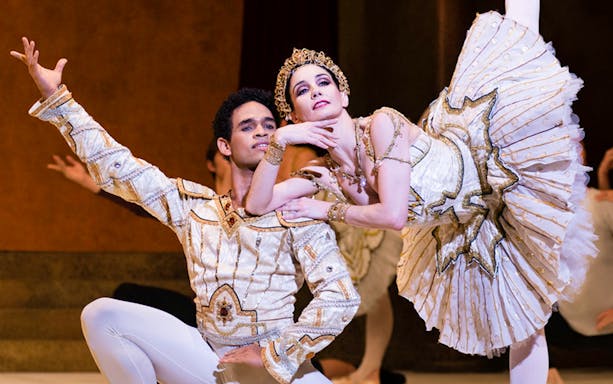 Ballet dancers performing Raymonda in ornate costumes on stage.