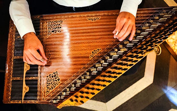 Musician playing qanun at Istanbul Whirling Dervish Show, Hodjapasha Cultural Centre.