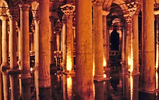 Basilica Cistern columns illuminated, Istanbul Guided Museum Tours Pass.