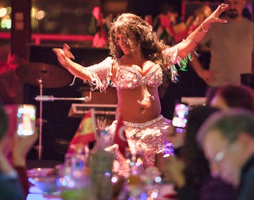Bosphorus dinner cruise with live Turkish night shows and DJ, Istanbul skyline in background.