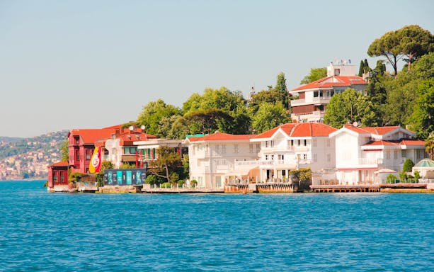 Bosphorus waterfront with colorful houses and lush greenery during a lunch cruise.