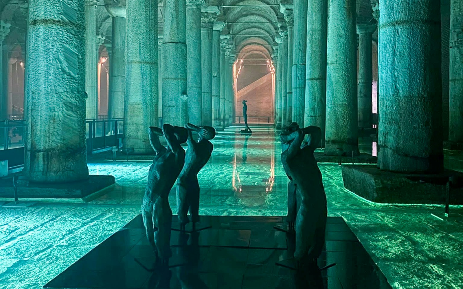 Basilica Cistern interior with columns and statues, Istanbul.