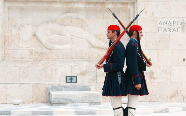 Greek guards at the Tomb of the Unknown Soldier, Athens, during the Acropolis Museum & City Tour.