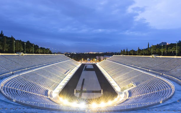 Panathenaic Stadium in Athens at dusk, part of the Skip the Line Acropolis Museum & Athens City Tour.
