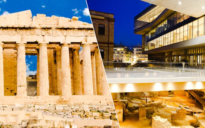 Acropolis ruins and modern Acropolis Museum in Athens, Greece, featured in city tour.