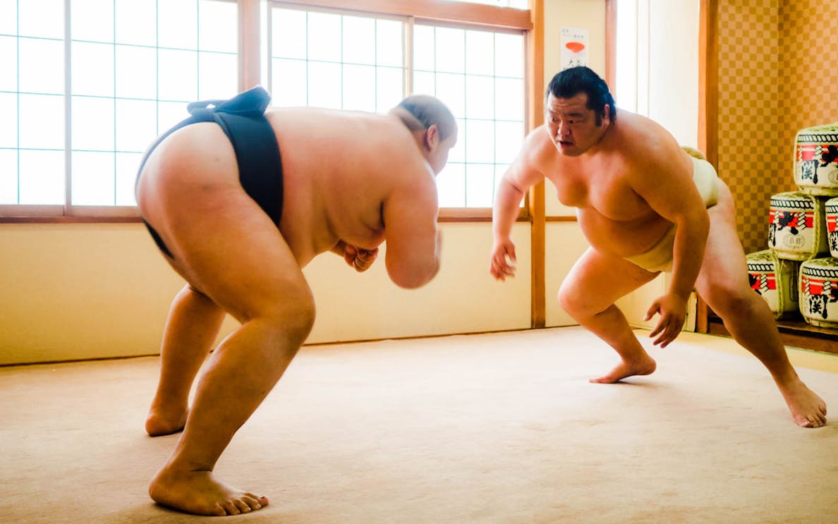 Sumo wrestlers preparing to engage in a match in a traditional Japanese setting.
