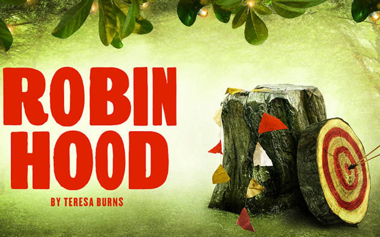 Robin Hood play poster with target and arrows in a forest setting.