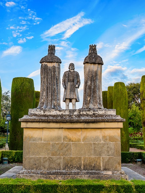 Statue of historical figures in Alcazar gardens, Cordoba.