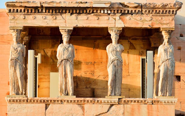 Caryatids on the Erechtheion at the Acropolis in Athens, Greece.