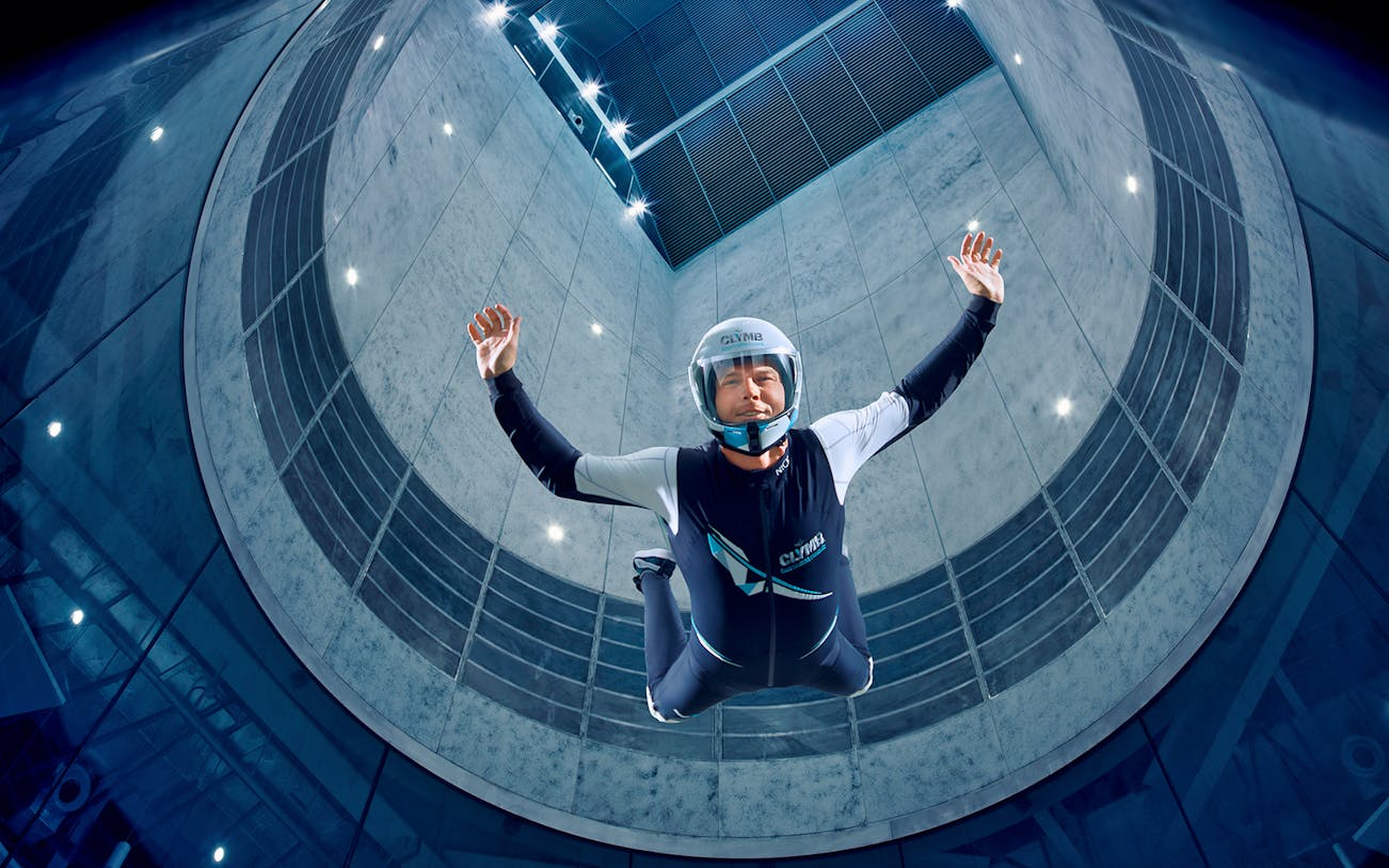 Indoor skydiver in flight at Clymb Abu Dhabi wind tunnel.