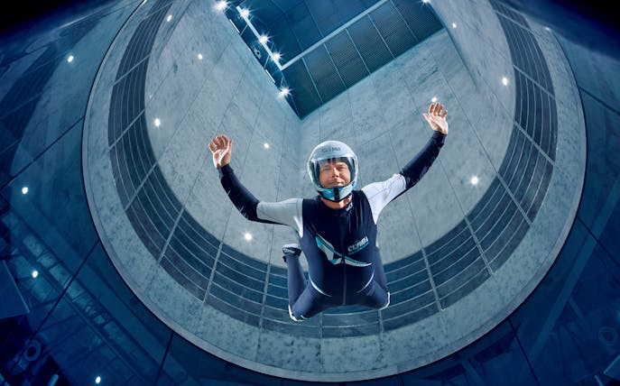Indoor skydiver in flight at Clymb Abu Dhabi wind tunnel.