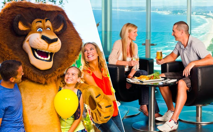 Family enjoying Dreamworld character and couple dining at Skypoint with ocean view.