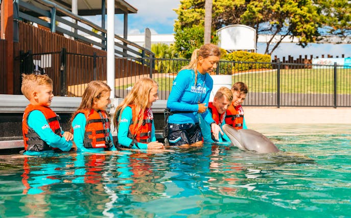 Children interacting with a dolphin at Gold Coast theme park.
