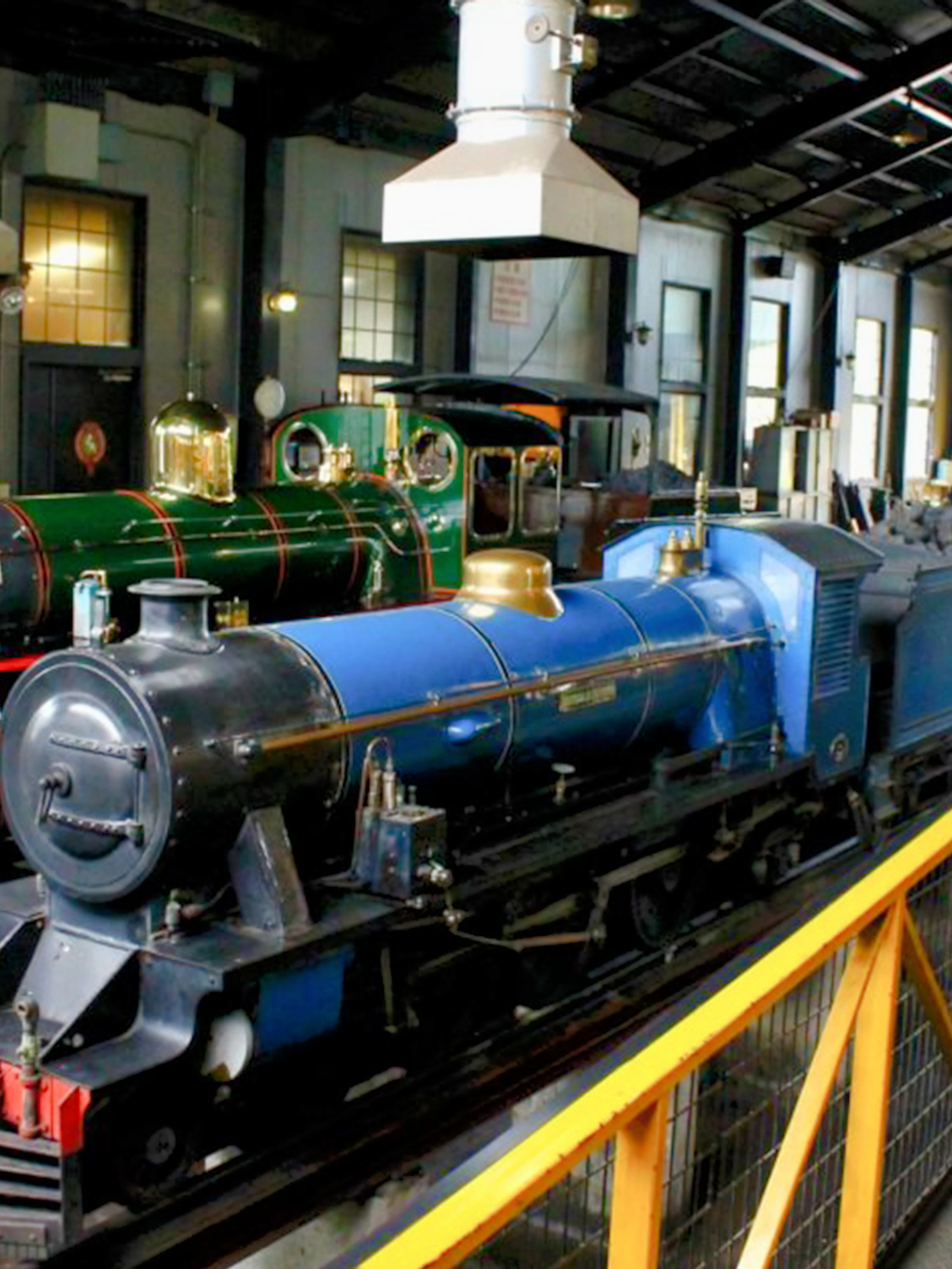 Historic steam locomotives displayed at Kyoto Railway Museum.