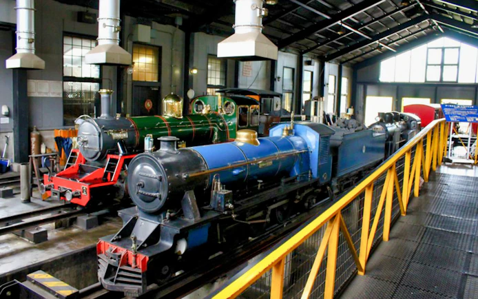 Historic steam locomotives displayed at Kyoto Railway Museum.