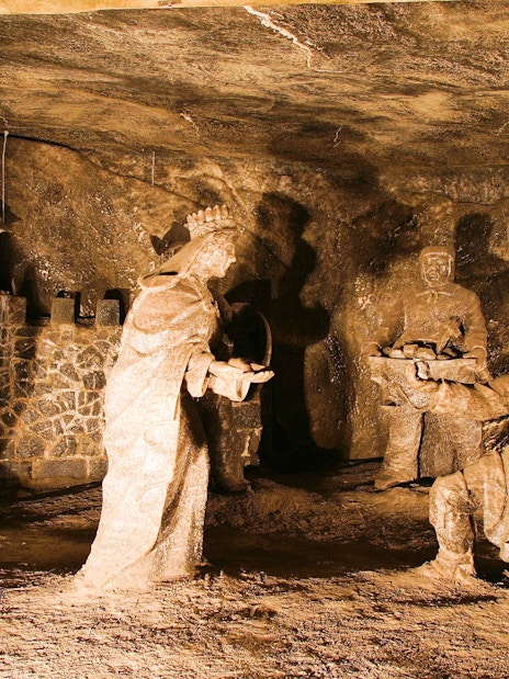 Wieliczka Salt Mine sculptures on guided tour.