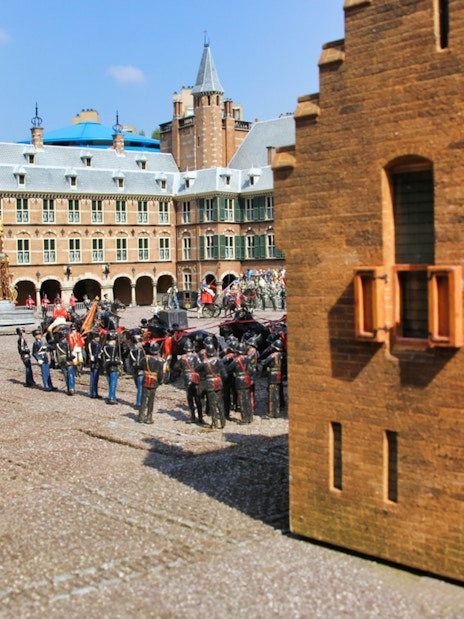 Miniature soldiers in a courtyard at Madurodam Miniature Park, Netherlands.
