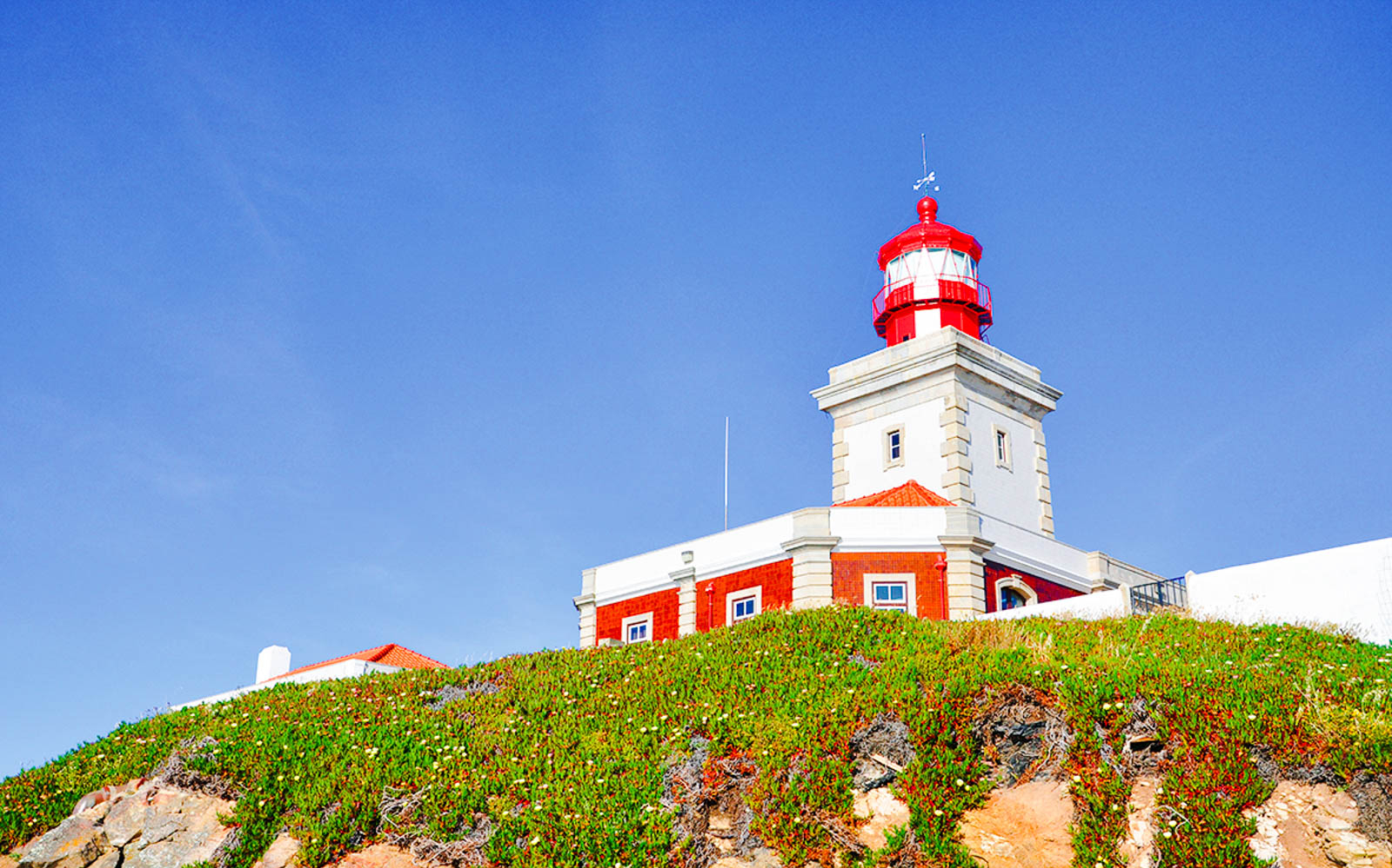 Lighthouse at Cabo da Roca, Portugal, with clear blue sky.