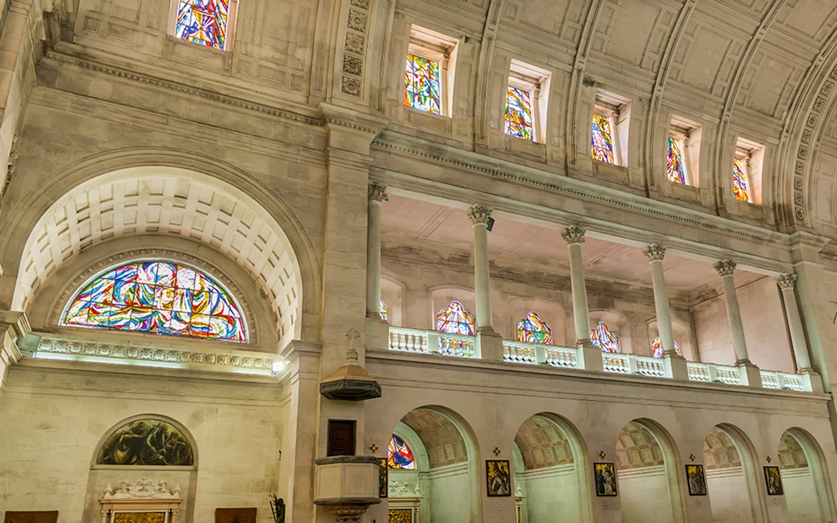Stained glass windows inside the Basilica of Our Lady of the Rosary in Fátima.