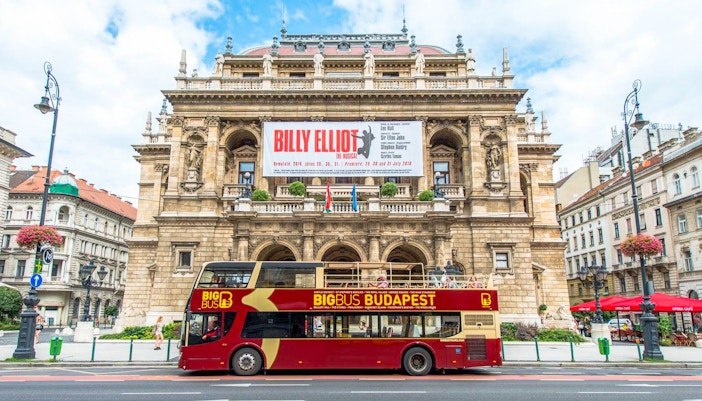 Hop-On Hop-Off bus in front of the Hungarian State Opera, Budapest.