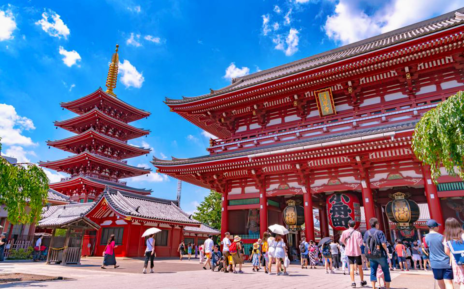 Senso-ji Temple in Tokyo with tourists exploring the historic site.