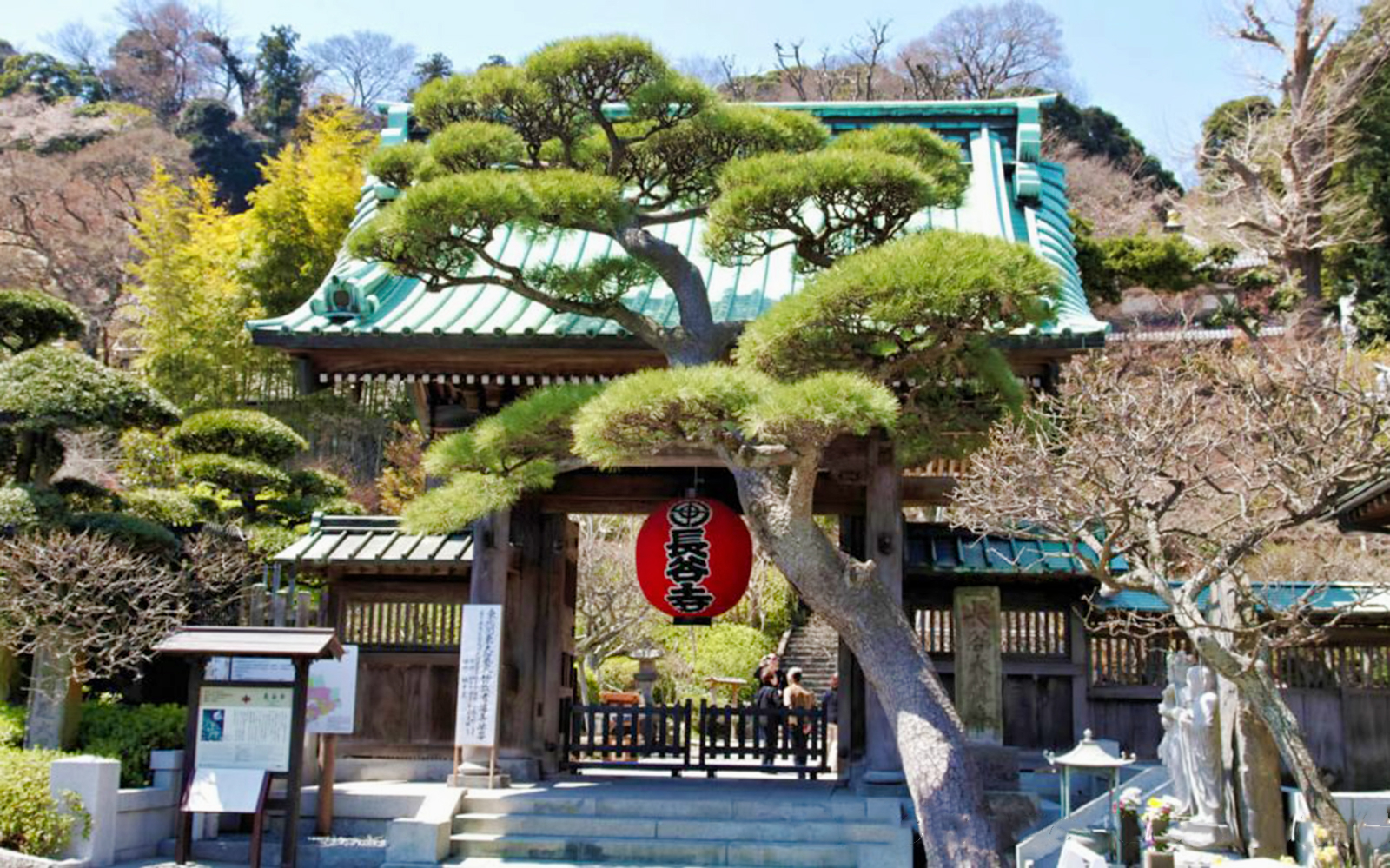 Kamakura temple gate with red lantern and pine trees on Kamakura & Enoshima Bay Bus Tour.