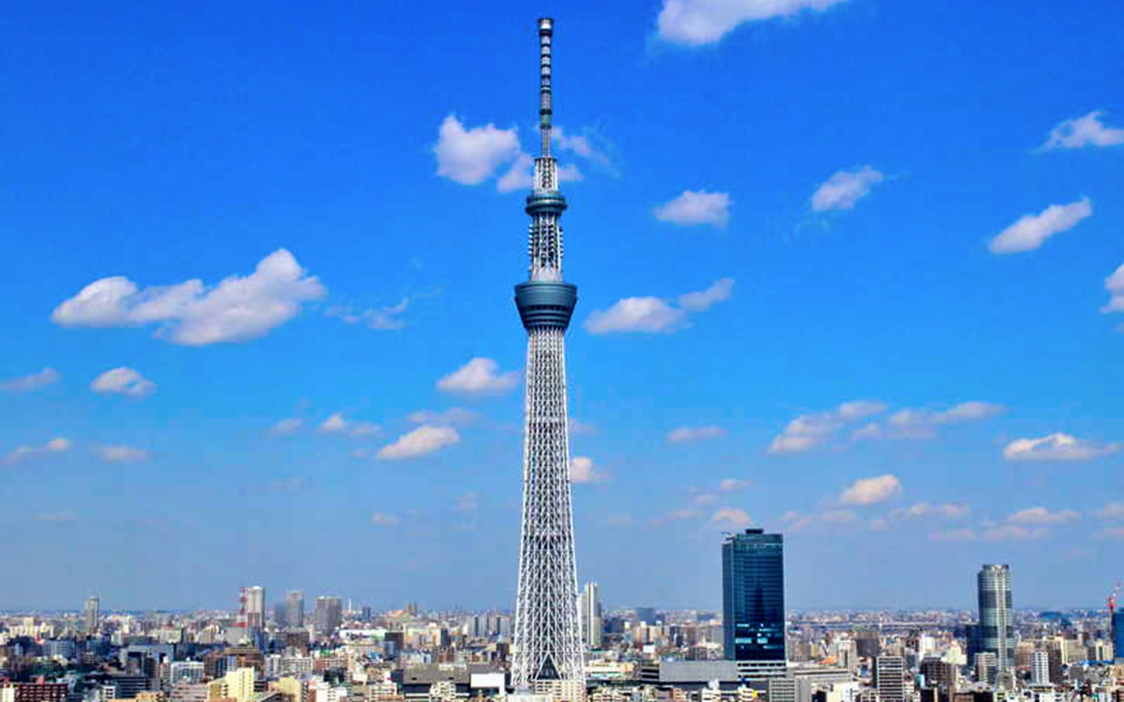 Tokyo Skytree towering over cityscape on a clear afternoon.