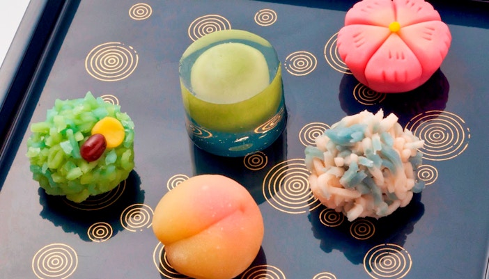 Wagashi sweets assortment on decorative tray, part of Flavors of Japan Tour.