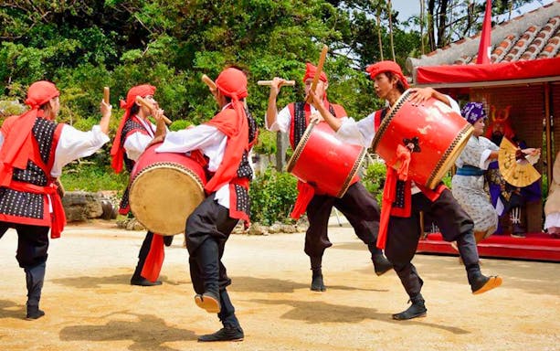 Traditional drum performance at Okinawa Ryukyu Mura Village.