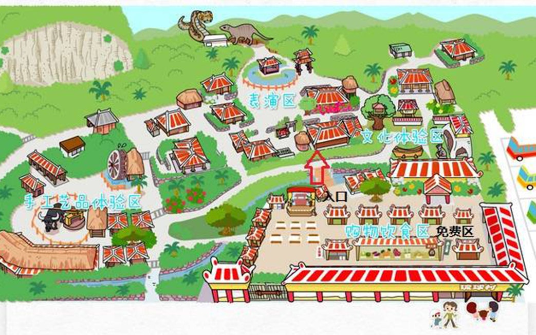 Map illustration of Okinawa Ryukyu Mura Village showing traditional buildings and pathways.