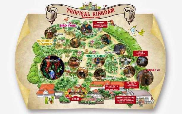Map of Okinawa Fruits Land highlighting attractions like Butterfly Garden and Fruits Zone.