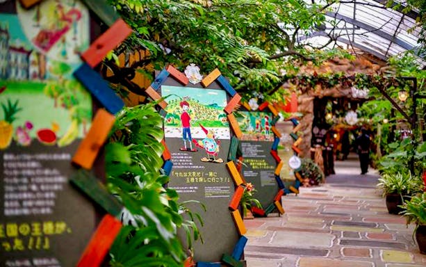 Colorful signs and lush greenery at Okinawa Fruits Land.