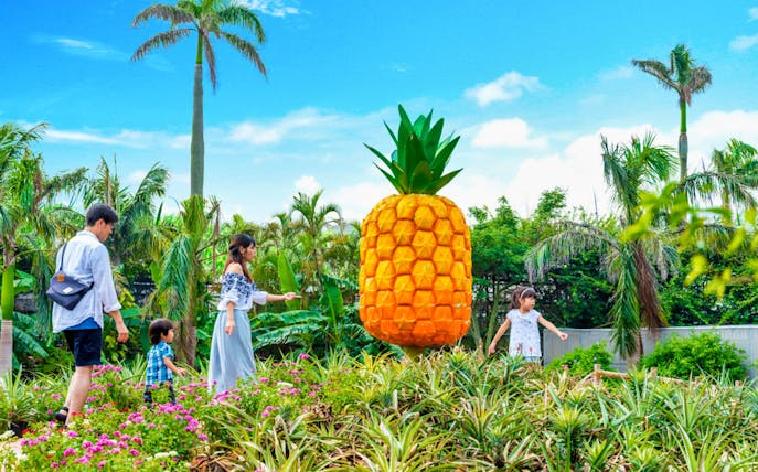 Family exploring Nago Pineapple Park with large pineapple sculpture.