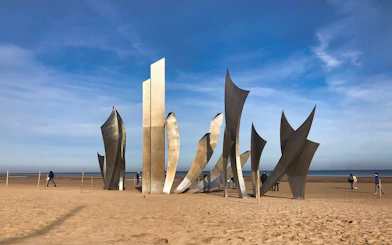 Omaha Beach Les Braves monument on Normandy D-Day landing site, France.