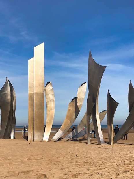 Omaha Beach Les Braves monument on Normandy D-Day landing site, France.