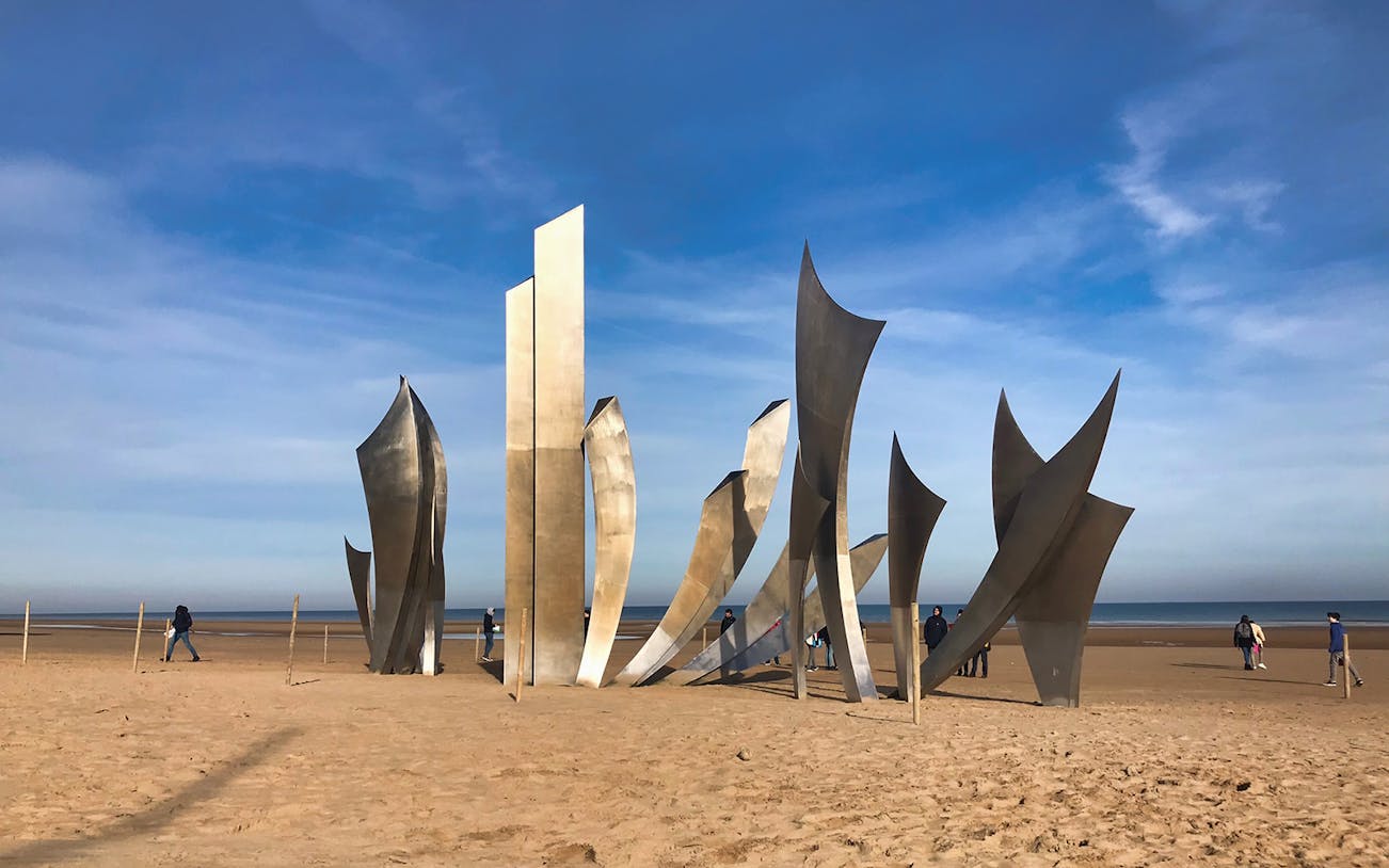 Omaha Beach Les Braves monument on Normandy D-Day landing site, France.