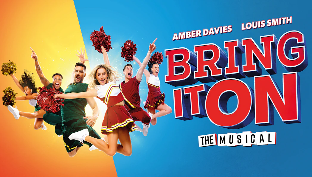 Cheerleaders jumping with pom-poms for "Bring It On: The Musical" promotion.