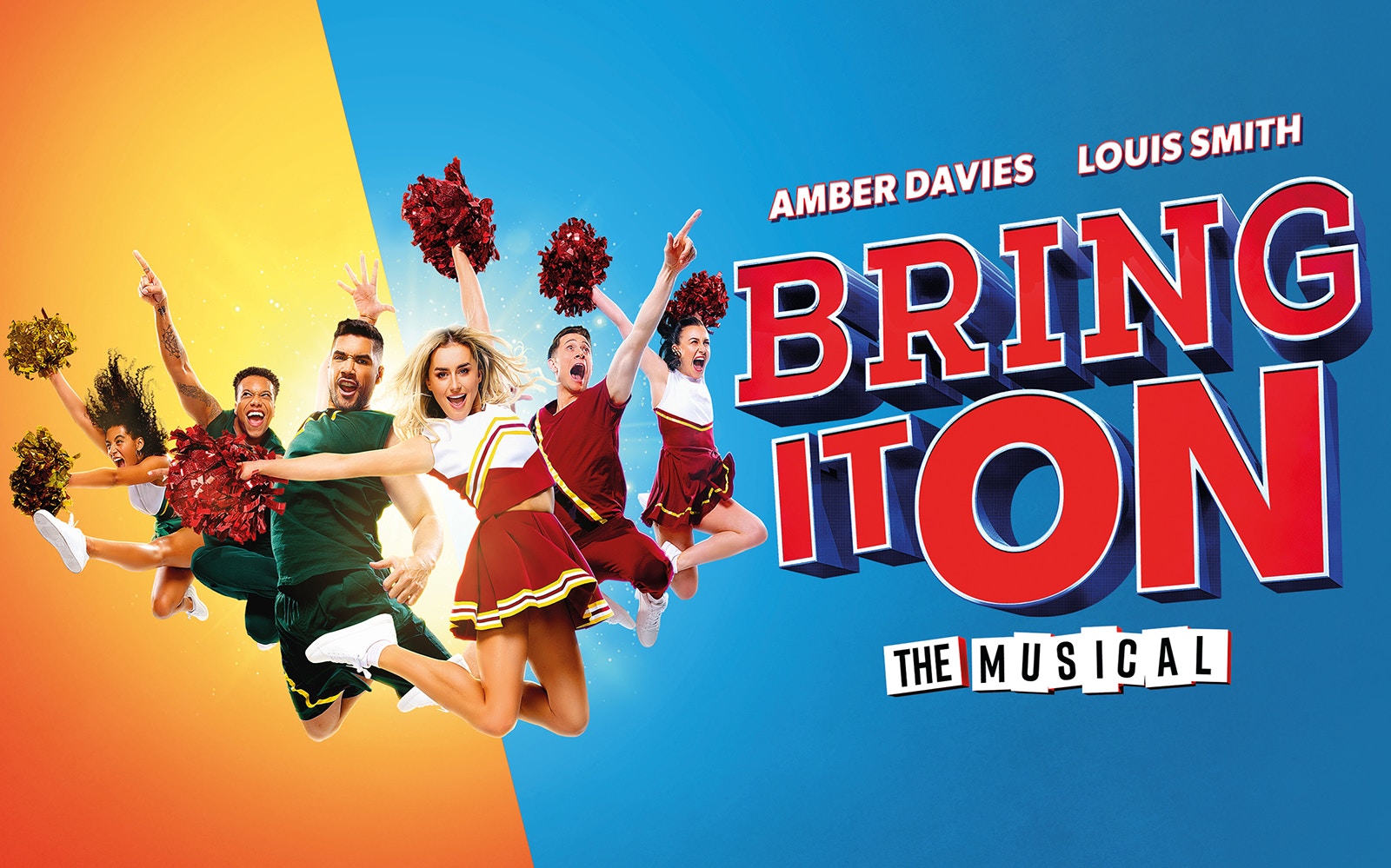 Cheerleaders jumping with pom-poms for "Bring It On: The Musical" promotion.