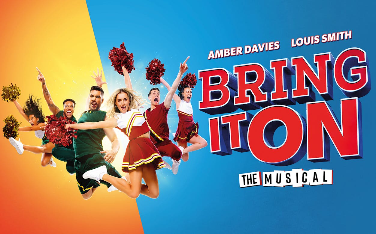 Cheerleaders jumping with pom-poms for "Bring It On: The Musical" promotion.