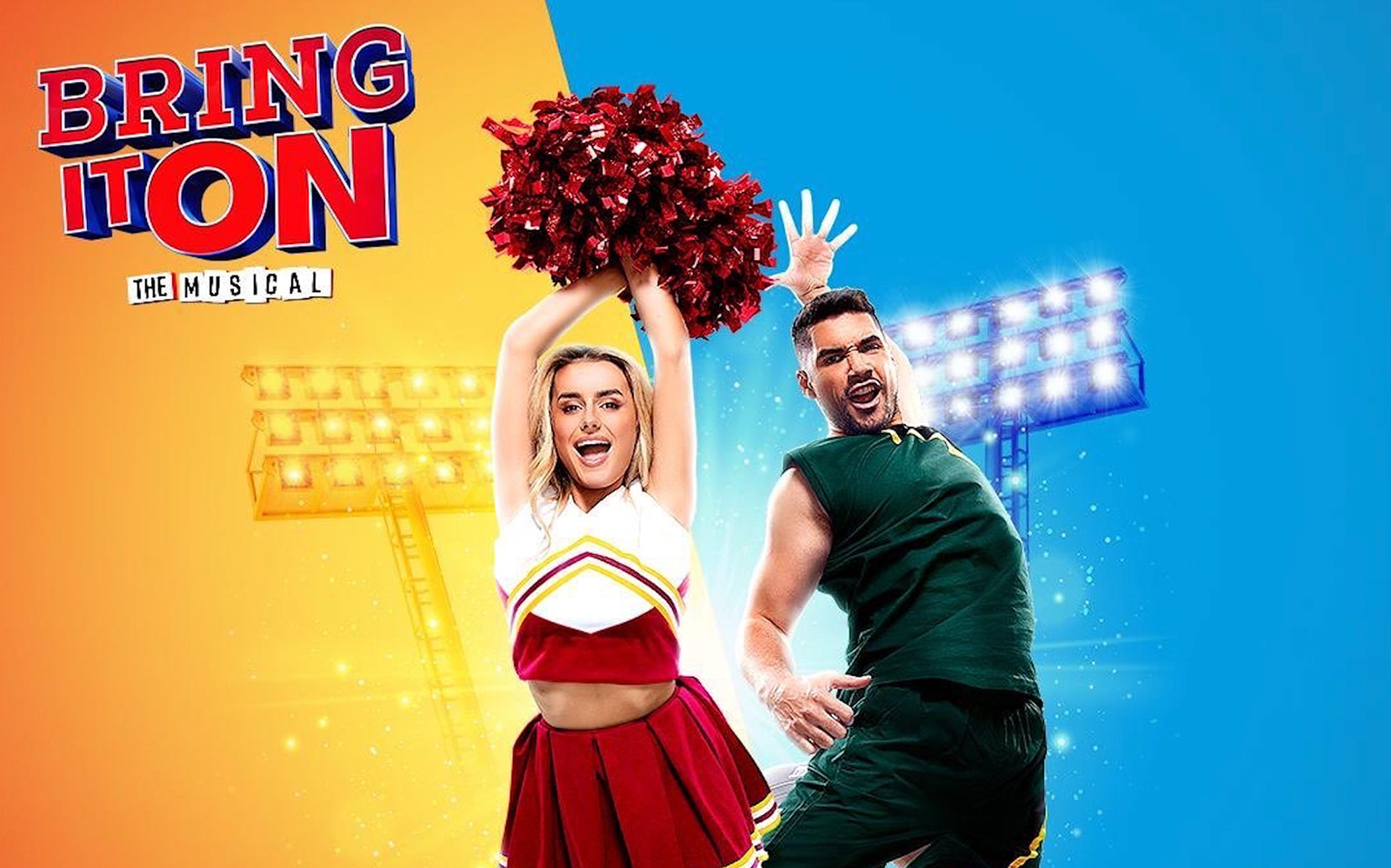 Cheerleader and performer in "Bring It On: The Musical" with stadium lights in the background.